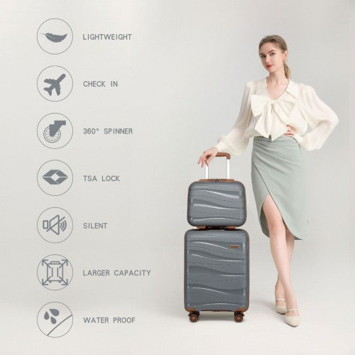 K2094L - Kono 14/20 Inch Lightweight Polypropylene Hard Shell 2 Piece Suitcase Set With TSA Lock And Vanity Case - Grey And Brown | Neil's Luggage Store