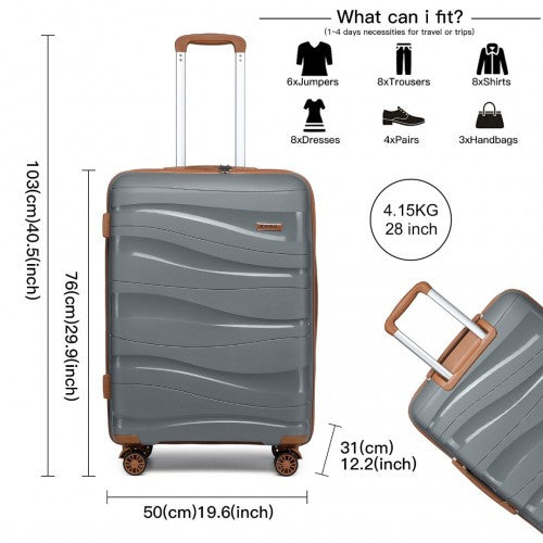 K2094L - Kono 28 Inch Lightweight Polypropylene Hard Shell Suitcase With TSA Lock - Grey And Brown | Neil's Luggage Store