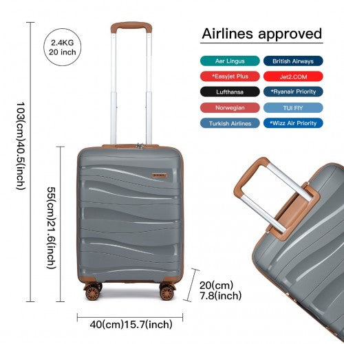 K2094L - Kono 20 Inch Lightweight Polypropylene Hard Shell Suitcase With TSA Lock - Grey And Brown | Neil's Luggage Store