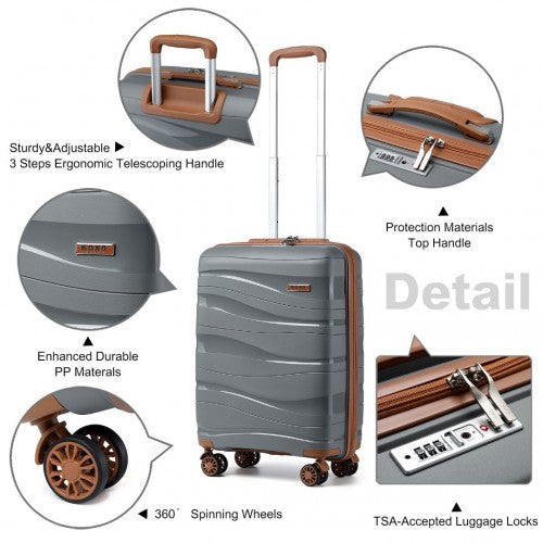 K2094L - Kono 20 Inch Lightweight Polypropylene Hard Shell Suitcase With TSA Lock - Grey And Brown | Neil's Luggage Store