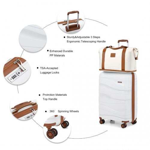 K2094L+EA2212 - Kono 20 Inch Polypropylene Cabin Size Suitcase 3 Piece Travel Set with Weekend Bag and Toiletry Bag - Cream | Neil's Luggage Store