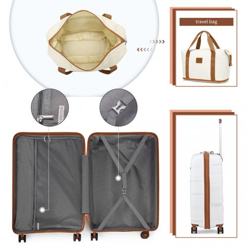K2094L+EA2212 - Kono 20 Inch Polypropylene Cabin Size Suitcase 3 Piece Travel Set with Weekend Bag and Toiletry Bag - Cream | Neil's Luggage Store