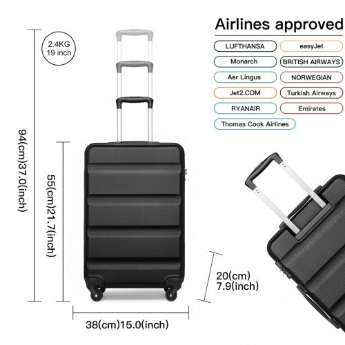 K2191L - Kono 19 Inch Cabin Size Carry On Suitcase - Streamlined Lightweight ABS Hardshell with Secure TSA Lock - Black | Neil's Luggage Store