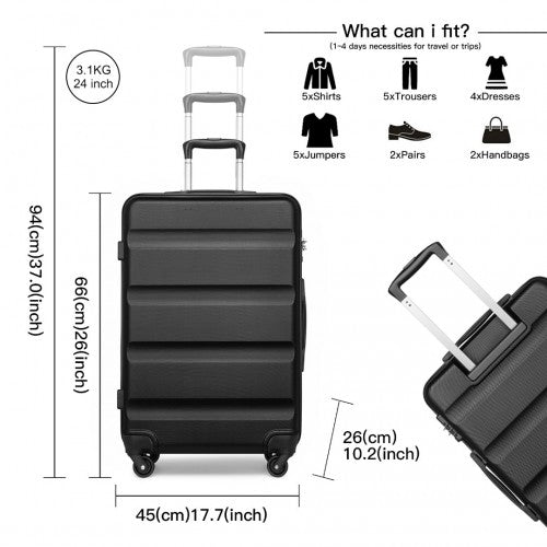 K2191L - Kono 24 Inch Check in Luggage - Streamlined ABS Hardshell Suitcase with Secure TSA Lock - Black | Neil's Luggage Store