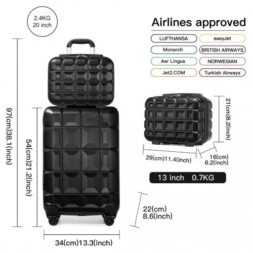K2292L - Kono 13/20 Inch Lightweight Hard Shell ABS Cabin Suitcase With TSA Lock And Vanity Case - Black | Neil's Luggage Store