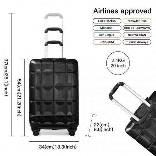 K2292L - Kono 20 Inch Lightweight Hard Shell ABS Luggage Cabin Suitcase With TSA Lock - Black | Neil's Luggage Store