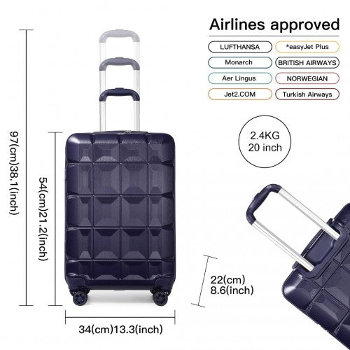 K2292L - Kono 20 Inch Lightweight Hard Shell ABS Luggage Cabin Suitcase With TSA Lock - Navy | Neil's Luggage Store