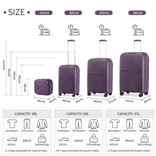 K2393L - British Traveller 4 Pcs Set Spinner Hard Shell PP Suitcase With TSA Lock And Vanity Case - Purple | Neil's Luggage Store