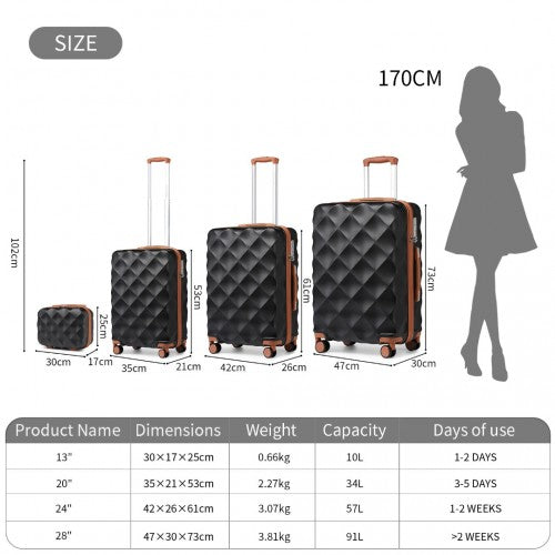 K2395L - British Traveller Ultralight ABS And Polycarbonate Bumpy Diamond 4 Pcs Luggage Set With TSA Lock - Black And Brown | Neil's Luggage Store