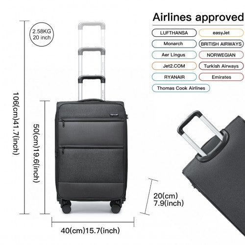 British Traveller 20 Inch Lightweight Soft Shell Cabin Suitcase with Laptop Compartment - Black