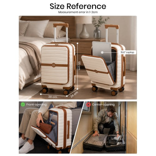 KSK2592 - Kono 21-Inch Front-Opening Cabin Suitcase with 15.6-Inch Laptop Compartment - Cream and Brown | Neil's Luggage Store