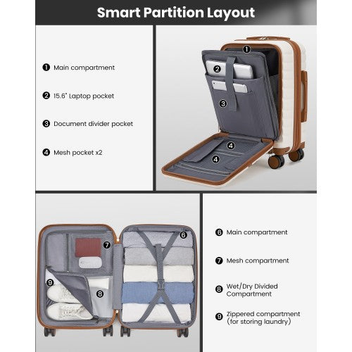 KSK2592 - Kono 21-Inch Front-Opening Cabin Suitcase with 15.6-Inch Laptop Compartment - Cream and Brown | Neil's Luggage Store
