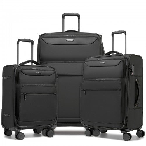 KSB2582 - British Traveller Durable Softshell Suitcase 3-Piece Luggage Set (20/24/28 Inch) with Laptop Compartment - Black | Neil's Luggage Store