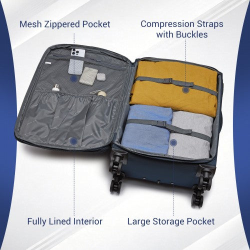 KSB2582 - British Traveller 20-Inch Durable Softshell Suitcase with Front Laptop Compartment, TSA Lock & Silent Spinner Wheels - Navy | Neil's Luggage Store
