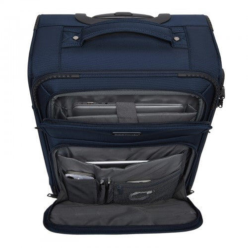 KSB2582 - British Traveller 20-Inch Durable Softshell Suitcase with Front Laptop Compartment, TSA Lock & Silent Spinner Wheels - Navy | Neil's Luggage Store
