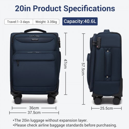 KSB2582 - British Traveller 20-Inch Durable Softshell Suitcase with Front Laptop Compartment, TSA Lock & Silent Spinner Wheels - Navy | Neil's Luggage Store