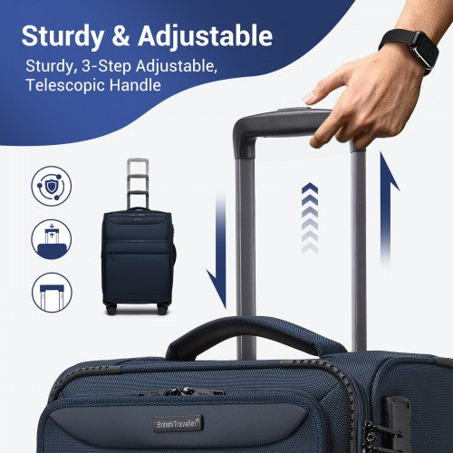 KSB2582 - British Traveller 20-Inch Durable Softshell Suitcase with Front Laptop Compartment, TSA Lock & Silent Spinner Wheels - Navy | Neil's Luggage Store