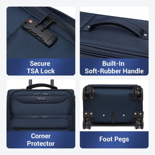 KSB2582 - British Traveller 20-Inch Durable Softshell Suitcase with Front Laptop Compartment, TSA Lock & Silent Spinner Wheels - Navy | Neil's Luggage Store