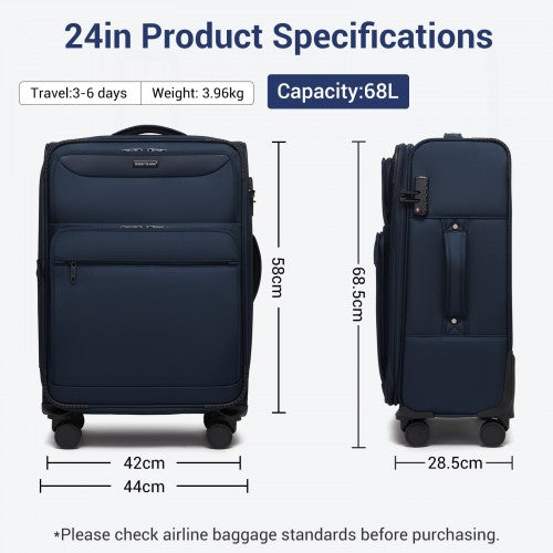 KSB2582 - British Traveller 24-Inch Expandable Softshell Suitcase with TSA Lock, Silent Spinner Wheels & Laptop Compartment - Navy | Neil's Luggage Store
