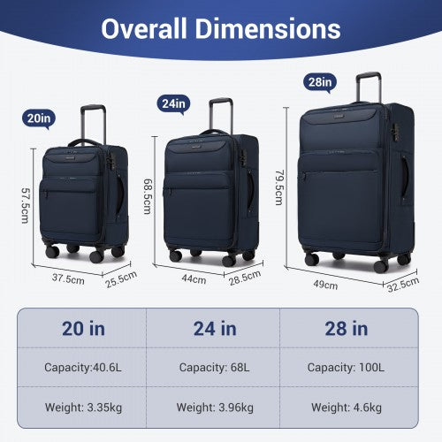 KSB2582 - British Traveller Durable Softshell Suitcase 3-Piece Luggage Set (20/24/28 Inch) with Laptop Compartment - Navy | Neil's Luggage Store