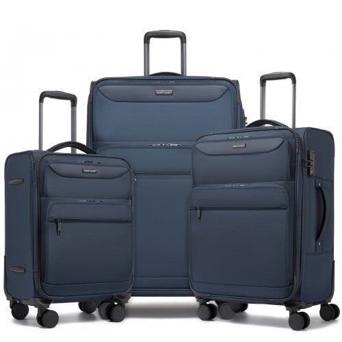 KSB2582 - British Traveller Durable Softshell Suitcase 3-Piece Luggage Set (20/24/28 Inch) with Laptop Compartment - Navy | Neil's Luggage Store