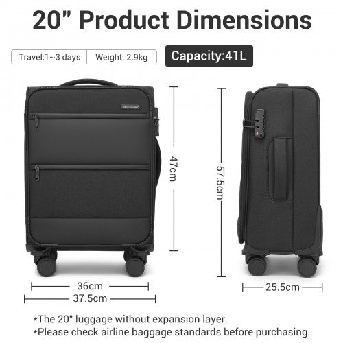 KSB2597 - British Traveller Sleek Tough 20 Inch Travel Soft-Shell Suitcase with Silent TPE Spinners, TSA Security and Laptop Sleeve - Black | Neil's Luggage Store