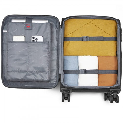 KSB2597 - British Traveller Sleek Tough 20 Inch Travel Soft-Shell Suitcase with Silent TPE Spinners, TSA Security and Laptop Sleeve - Black | Neil's Luggage Store