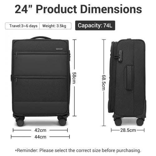 KSB2597 - British Traveller Sleek Tough 24 Inch Travel Soft-Shell Suitcase with Silent TPE Spinners, TSA Security and Expandable Capacity - Black | Neil's Luggage Store