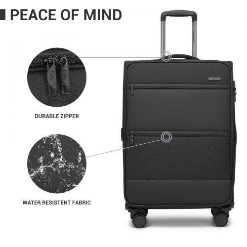 KSB2597 - British Traveller Sleek Tough 3-Piece Travel Soft-Shell Suitcase with Silent TPE Spinners, TSA Security and Expandable Checked Sizes - Black