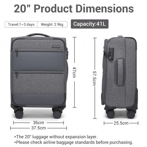 KSB2597 - British Traveller Sleek Tough 20 Inch Travel Soft-Shell Suitcase with Silent TPE Spinners, TSA Security and Laptop Sleeve - Grey | Neil's Luggage Store