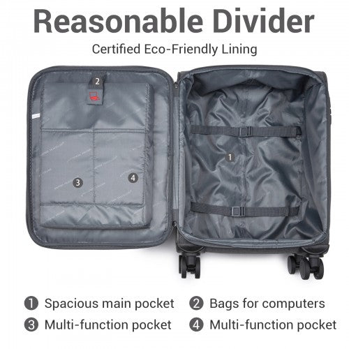 KSB2597 - British Traveller Sleek Tough 20 Inch Travel Soft-Shell Suitcase with Silent TPE Spinners, TSA Security and Laptop Sleeve - Grey | Neil's Luggage Store