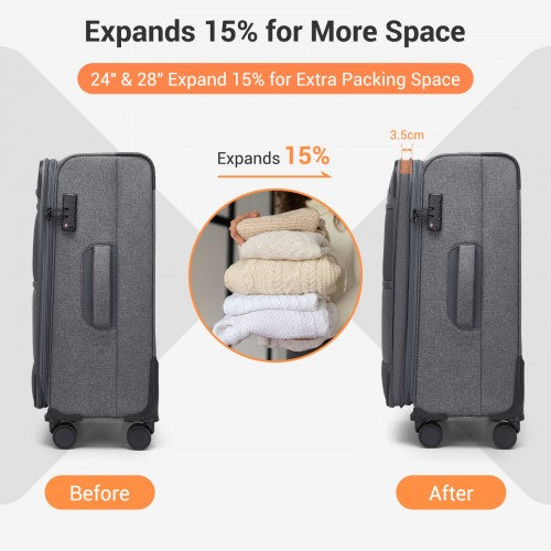 KSB2597 - British Traveller Sleek Tough 3-Piece Travel Soft-Shell Suitcase with Silent TPE Spinners, TSA Security and Expandable Checked Sizes - Grey