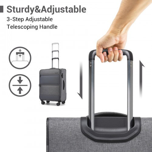 KSB2597 - British Traveller Sleek Tough 3-Piece Travel Soft-Shell Suitcase with Silent TPE Spinners, TSA Security and Expandable Checked Sizes - Grey