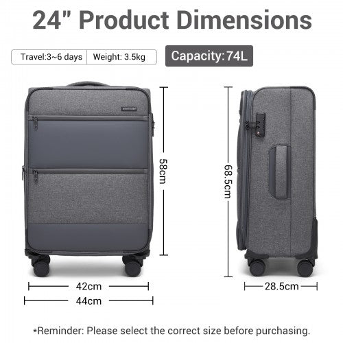 KSB2597 - British Traveller Sleek Tough 24 Inch Travel Soft-Shell Suitcase with Silent TPE Spinners, TSA Security and Expandable Capacity - Grey | Neil's Luggage Store