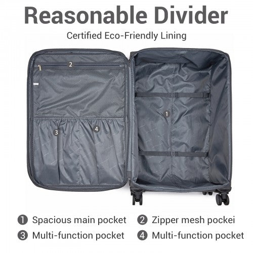 KSB2597 - British Traveller Sleek Tough 28 Inch Travel Soft-Shell Suitcase with Silent TPE Spinners, TSA Security and Expandable Capacity - Grey