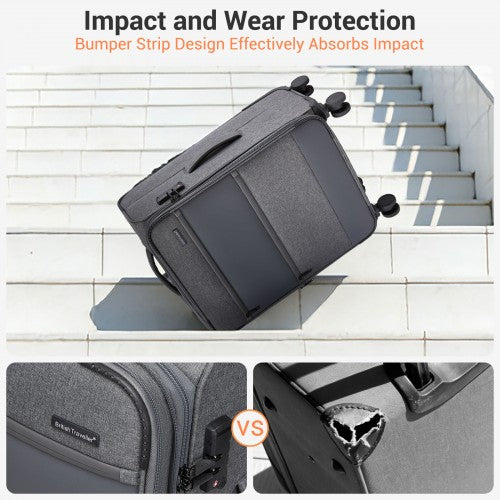 KSB2597 - British Traveller Sleek Tough 3-Piece Travel Soft-Shell Suitcase with Silent TPE Spinners, TSA Security and Expandable Checked Sizes - Grey