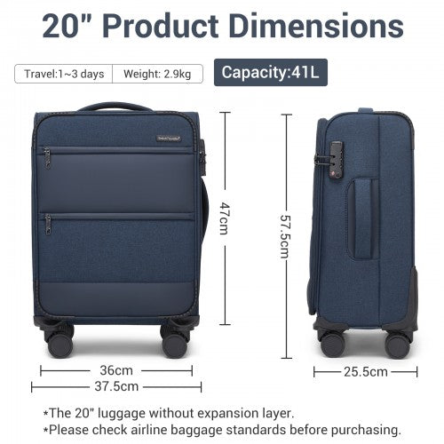 KSB2597 - British Traveller Sleek Tough 20 Inch Travel Soft-Shell Suitcase with Silent TPE Spinners, TSA Security and Laptop Sleeve - Navy | Neil's Luggage Store