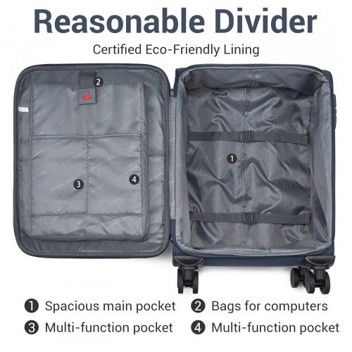 KSB2597 - British Traveller Sleek Tough 20 Inch Travel Soft-Shell Suitcase with Silent TPE Spinners, TSA Security and Laptop Sleeve - Navy | Neil's Luggage Store