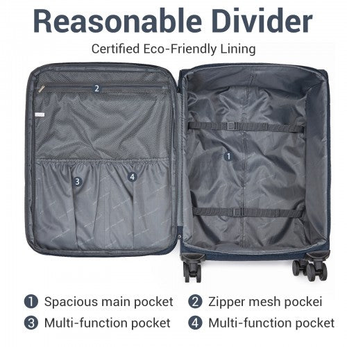 KSB2597 - British Traveller Sleek Tough 28 Inch Travel Soft-Shell Suitcase with Silent TPE Spinners, TSA Security and Expandable Capacity - Navy
