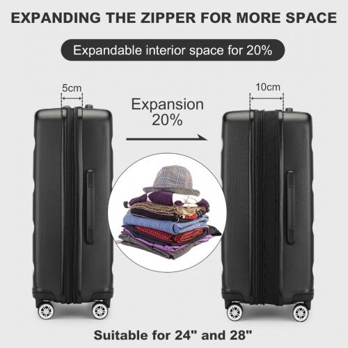 KSK2482 - Kono 28 Inch Expandable Horizontal Engraved Hard Shell ABS+PC Check-In Suitcase with TSA Lock - Black