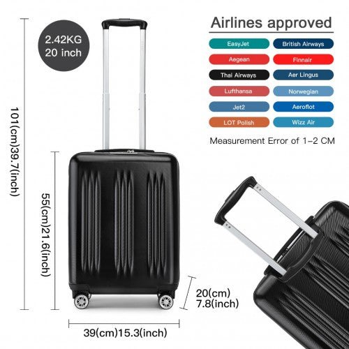 KSK2483 - Kono 20 Inch Sleek Striped Carry-On Suitcase Durable ABS+PC Luggage With Four Spinner Wheels And TSA Lock Perfect for Travel - Black | Neil's Luggage Store