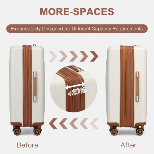 KSK2483 - Kono 24 Inch Sleek Striped Check-In Suitcase Expandable Durable ABS+PC Luggage with Four Spinner Wheels TSA Lock - Cream And Brown | Neil's Luggage Store