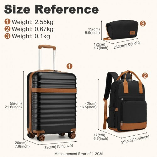 KSK2484+EQ2401 - Kono 20 Inch Stylish Hard Shell ABS+PC Cabin Suitcase Included Multi-Compartment Backpack with Small Pouch 3 Piece Travel Set - Black And Brown | Neil's Luggage Store