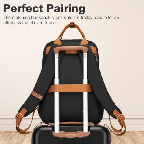 KSK2484+EQ2401 - Kono 20 Inch Stylish Hard Shell ABS+PC Cabin Suitcase Included Multi-Compartment Backpack with Small Pouch 3 Piece Travel Set - Black And Brown | Neil's Luggage Store
