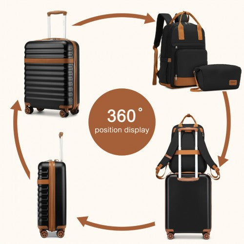 KSK2484+EQ2401 - Kono 20 Inch Stylish Hard Shell ABS+PC Cabin Suitcase Included Multi-Compartment Backpack with Small Pouch 3 Piece Travel Set - Black And Brown | Neil's Luggage Store