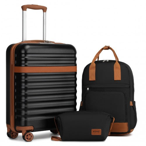 KSK2484+EQ2401 - Kono 20 Inch Stylish Hard Shell ABS+PC Cabin Suitcase Included Multi-Compartment Backpack with Small Pouch 3 Piece Travel Set - Black And Brown | Neil's Luggage Store