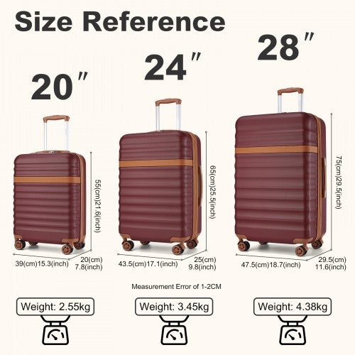 KSK2484 - Kono 3-Piece Expandable Luggage Set 20"/24"/28" Durable Hard Shell ABS+PC Suitcases with TSA Lock for Secure Travel - Burgundy and Brown | Neil's Luggage Store