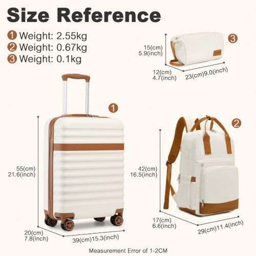 KSK2484+EQ2401 - Kono 20 Inch Stylish Hard Shell ABS+PC Cabin Suitcase Included Multi-Compartment Backpack with Small Pouch 3 Piece Travel Set - Cream And Brown | Neil's Luggage Store