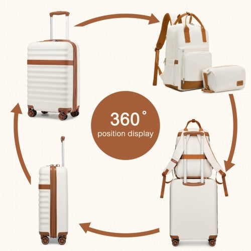 KSK2484+EQ2401 - Kono 20 Inch Stylish Hard Shell ABS+PC Cabin Suitcase Included Multi-Compartment Backpack with Small Pouch 3 Piece Travel Set - Cream And Brown | Neil's Luggage Store