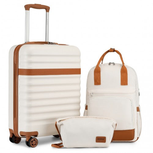 KSK2484+EQ2401 - Kono 20 Inch Stylish Hard Shell ABS+PC Cabin Suitcase Included Multi-Compartment Backpack with Small Pouch 3 Piece Travel Set - Cream And Brown | Neil's Luggage Store